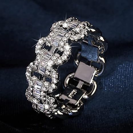 White Gold Plated Promise Rings Sterling Silver Cubic Zirconia Ring Simulated Diamond CZ Chain Link Ring for Women Eternity Band for Women (S)