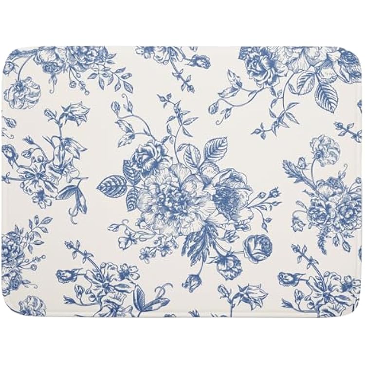 Vintage Blue Floral Dish Drying Mat for Kitchen Counter 18x24 Inch Chinoiserie Flowers Absorbent Reversible Microfiber Dish Pad Dish Drainer Rack Mats Countertops Protector Mat
