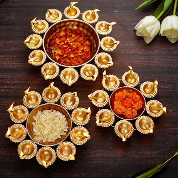 TIED RIBBONS Diya Shape Urli Bowl Set for Decoration | Iron, 10,11,13 Inch | Set of 3 | Flower Decorative Bowl for Wedding, Pooja, Valentine Decorations, Indian Decor