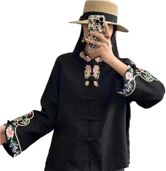LIXINGHEITANG Cheongsam Women's Size Tops Summer Cotton Splicing Embroidery Stand Collar Chinese Style Qipao Shirts Woman