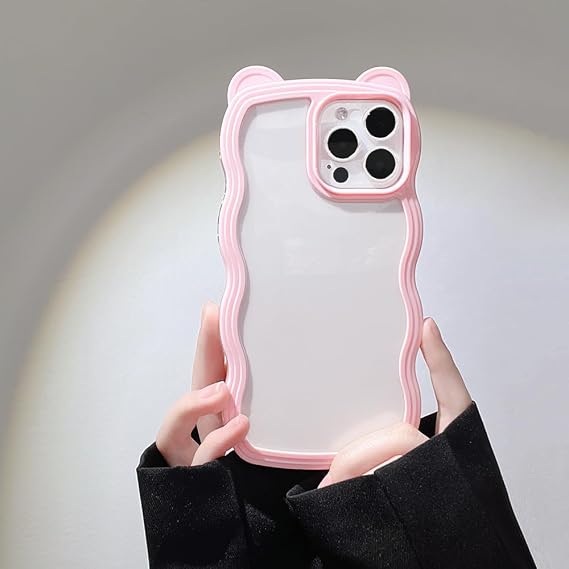 ZCDAYE iPhone 13 Pro Max対応 ケース かわいい 3D クマの耳デザイン クリア カーリー 波型 携帯電話ケース レディース ガールズ ソフト TPU 耐衝撃カバー iPhone 13 Pro Max 6.7インチ 用 ピンク
