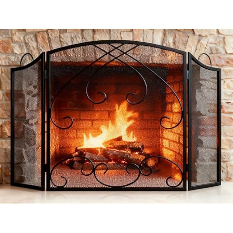Gtongoko 3 Panel Fireplace Screen with Handles 48 W x 29 H New Version Modern Wrought Iron Decorative Large Fire Spark Guard Grate Heavy Duty for Living Room Home Outdoor Decor, Black