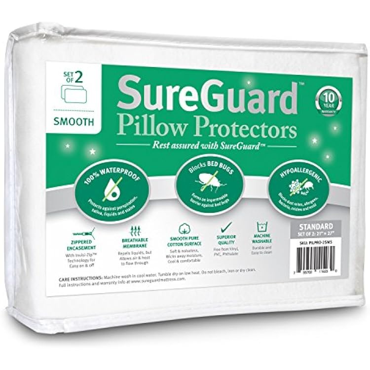 Set of 2 Standard Size SureGuard Pillow Protectors - 100% Waterproof, Bed Bug Proof, Hypoallergenic - Premium Zippered Cotton Covers - Smooth