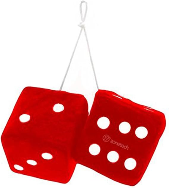 ZONETECH Pair Red with White Dots Decorative Mirror Fuzzy Dice - 3 Red Plush Car Mirror Fuzzy Dice Pair