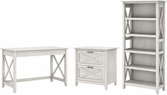 Bush Home Key West 48W Writing Desk with 2 Drawer Lateral File Cabinet and 5 Shelf Bookcase in Linen White Oak
