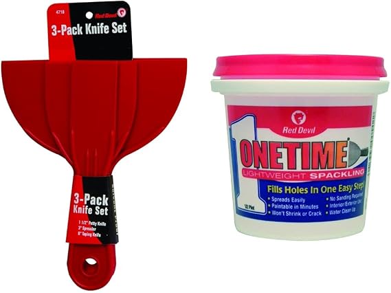 Red Devil 4718 3-Piece Plastic Knife Set, 1-Pack & 0542 ONETIME Lightweight Spackling, 1/2 Pint, White, 8 Ounce