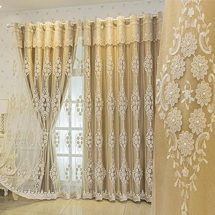 Amidoudou 1 Pair European Double Layer Curtains with Valance for Living Room Bedroom 3D Flower Embroidered Curtains Gold,51x90 Inch
