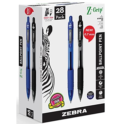 Zebra Pen Z-Grip Retractable Ballpoint Pens, Fine Point 0.7 mm, 14 Black Pens & 14 Blue Pens Combo Bulk Pack - 28 Pack