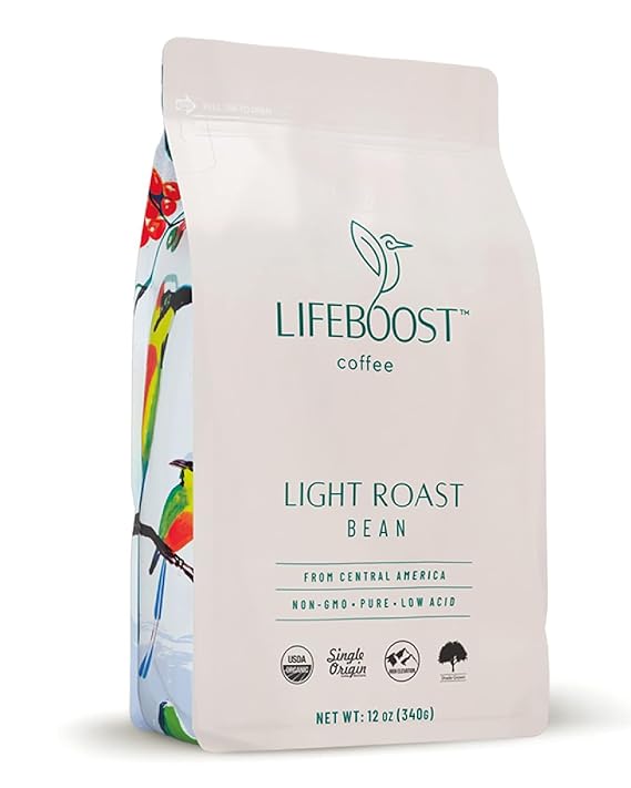 Lifeboost Light Roast Low Acid Coffee Beans, Certified Organic, 12oz