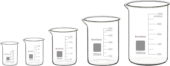 BorinGlass Glass Measuring Beaker Set, (5 Pieces) High Borosilicate Glass Graduated Beakers in 5 Sizes, 50 ml / 100 ml / 250 ml / 500 ml / 1000 ml (1 L)