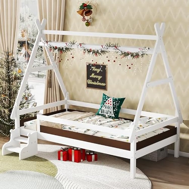 Bellemave Twin Size House Bed with Stairs, Solid Wood Low Profile Platform Bed Frame, Fun Playhouse Design for Kids, White Finish