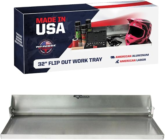 Pit Posse 610 Work Station Fold Down Flip Out Tray Shelf Cabinet 32" Tool Holder - Made in USA - Garage Enclosed Cargo Race Trailer Automotive Shop Accessory Aluminum Storage Organizer (Silver)