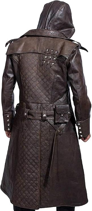 Men's Assassin Creed Cosplay Costume Genuine Leather Quilted Brown Trench Coat With Detachable Hood