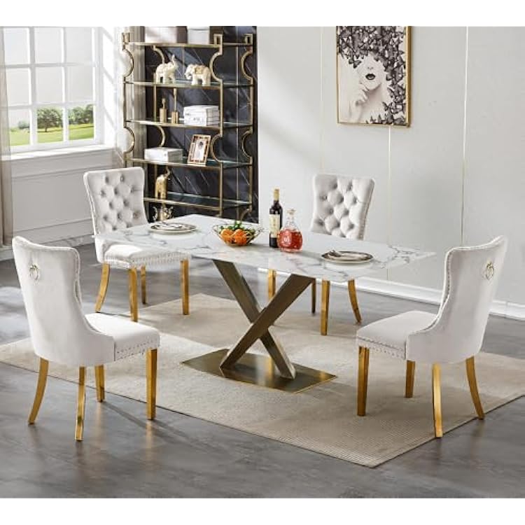 Henf 5 Piece Faux Marble Dining Room Table Set for 4, Modern Kitchen Table and Beige Chairs Set for 4, 70 Rectangle Glass Dinner Table Set for 4 with X-Shaped Bronze Carble Steel Base
