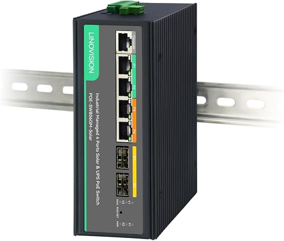 LINOVISION Solar Managed PoE Switch with Built-in MPPT Solar Charge Controller, L2 Management, Remote Battery Monitoring, Non-Stop UPS Power for Up to 4 PoE Camera and 24V Bridge