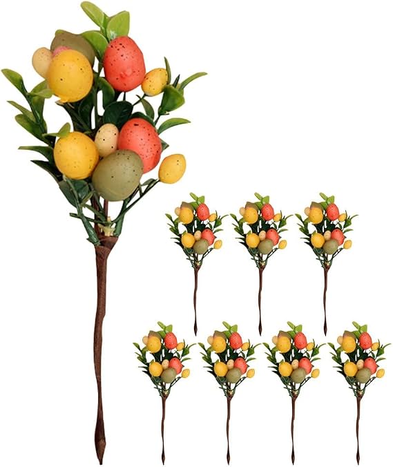 8pcs Easter Egg Picks: Easter Egg Tree Branches Artificial Stems Floral Picks Stems with Green Leaves for Home Living Room Decor Vase Table Centerpieces