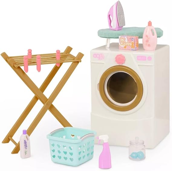 Our Generation 18" Doll Laundry Set - Tumble & Spin Washer, Hamper, Drying Rack, Ironing Board & Accessories - White - Plastic - Modern/Contemporary