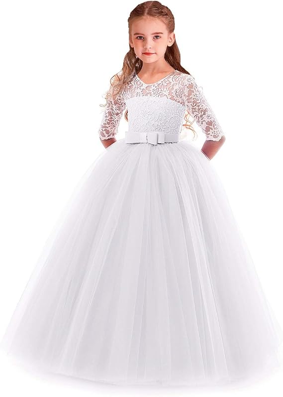 MYRISAM Flower Girls 3/4 Sleeve Tulle Lace First Communion Dress Birthday Christening Pageant Wedding Party Ball Gown