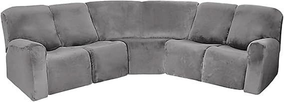 LightInTheBox 7-Piece Velvet Stretch Reclining Couch Covers 5 Seats Corner Sofa Cover L Shape Sectional Recliner Sofa Covers for Sofa Anti Slip Furniture Protector Thick Soft Washable (Gray)