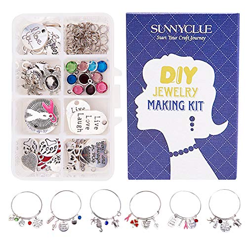 SUNNYCLUE 1 Box 98PCS Expandable Wire Charm DIY Bracelet Jewelry Making Starter Kit 2.6inch Blank Adjustable Bangle Charm Pendant Beads Craft Jewelry Findings for Women Adults Beginners Instruction