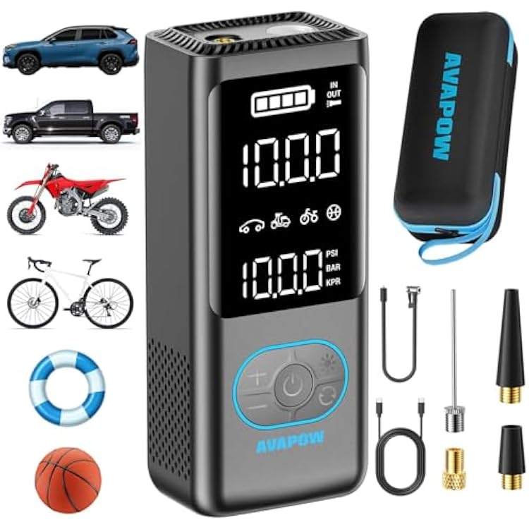 AVAPOW Portable Tire Inflator, 150 PSI Cordless Air Compressor with Digital Gauge, 3.7 LCD, Auto Shut-Off, Fast Inflation, USB-C Rechargeable PD 20W for Cars, Bikes, Motorcycle & Emergencies
