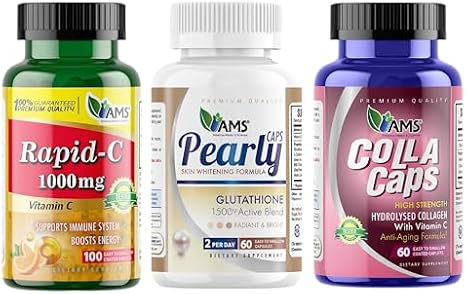 America Medic & Science, Advanced Skin Support Bundle Pearly Caps Glutathione (60 Capsules) + Colla Caps (60 Caplets) + Rapid-C 1000mg Vitamin C (100 Tablets) Skin Brightening & Antioxidant Support
