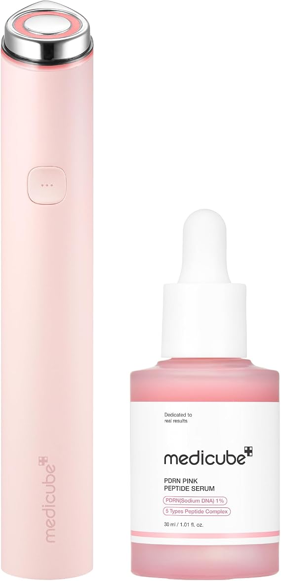 medicube Plump Boost Duo: medicube Mini Booster Pro Plus (Pink) and Salmon DNA PDRN Pink Peptide Serum | for Plumper-Looking Skin | Portable Korean Skincare Device, At Home Care