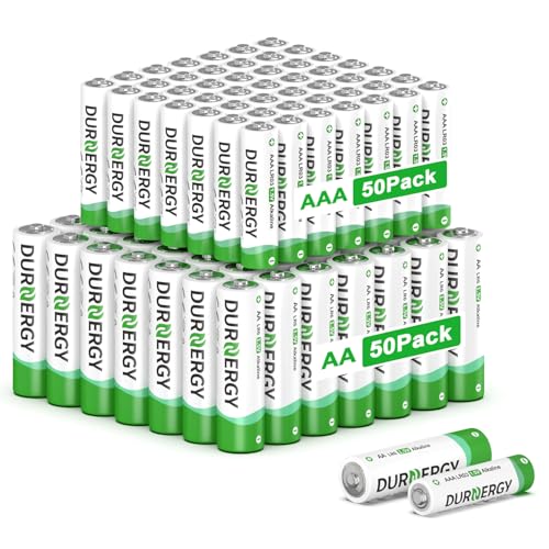 DURNERGY AA and AAA Batteries Combo Pack, 100 Count 50 AA and 50 AAA, Alkaline 1.5V Batteries, 10 Year Shelf Life, for Remote Controls, Toys, Flashlights, Clocks, Compatible with A76, LR6, LR03