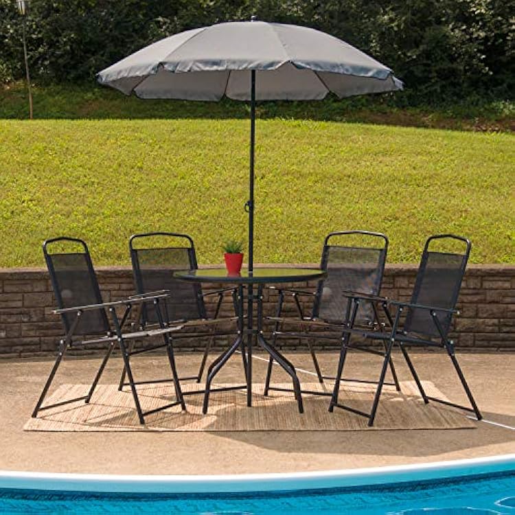 EMMA  OLIVER 6 Piece Black Patio Garden Set with Umbrella Table and Set of 4 Folding Chairs