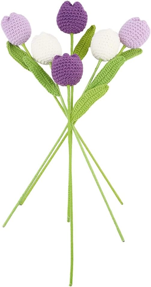 6PCS Purple Crochet Flowers Tulips Plants Cute Plush Knitted Tulip Bouquet Bundle Artificial Floral Plant Completed Handmade Kintting Flower for Women Diy Crafts Graduation Gifts Home Decor