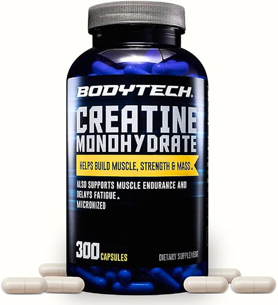 BodyTech 100 Pure Creatine Monohydrate 2250 MG Supports Muscle Strength Mass, 100 Servings 300 Capsules