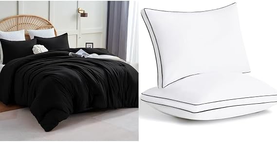 CozyLux 3 Pieces Queen Black Comforter Set Bundle Gusseted Bed Pillows Set of 2