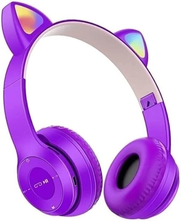 teknosepetim p47m Kedili Katlanabilir Kulak Üstü Kablosuz Bluetooth 5.0 Kulaklık Ledli Çocuk Kulaklık Mor