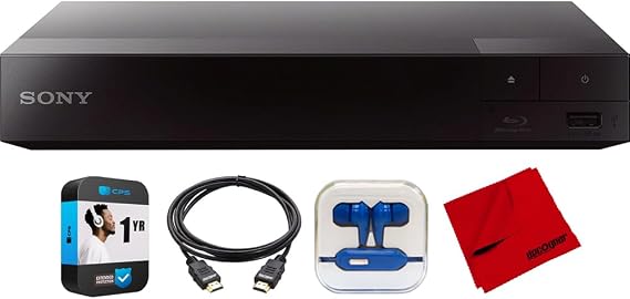 Sony BDPS1700U Blu-ray DVD Player Dolby Digital TrueHD/DTS and DVD Upscaling Bundle with Mizco in-Ear Headphone (Colors May Vary), 6ft HDMI Cable, Cleaning Cloth and 1 YR CPS Enhanced Protection Pack