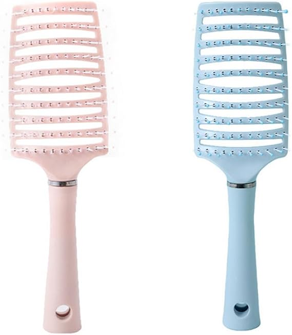 2 Pcs Multifunction Hair Curling Brush,Curl Defining Thick Hair Brush,Paddle Curved Hair Brush for Women and Men Brush (Pink+Blue)