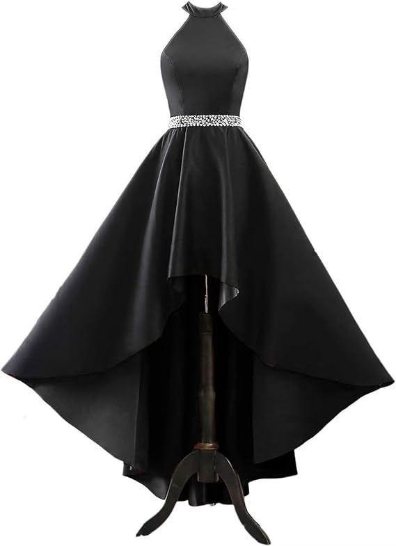 Satin Halter Prom Dresses for Women High Low Beaded Ball Gowns A-Line Formal Dress Wedding Party Gown with Pockets
