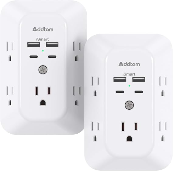 2 Pack Surge Protector Outlet Extender - Addtam 5-Outlet Splitter with 4 USB Wall Charger(2 USB-C Ports), Multi Plug Outlet Power Strip for Home, Dorm Room Essentials