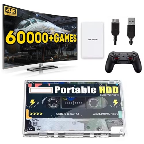 Pocket Super Console, 320G HDD Portable External Gaming Console Cassette Built-in 60000 Games, Retro Game Hard Drive Support 70 Emulators, Plug and Play Disk Game Stick, T3 Game Pad Controller No Controller