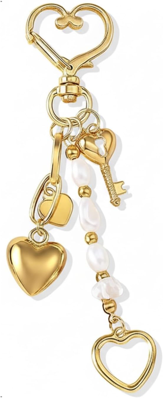 Gold Heart Keychain with Beads and Heart Key Elegant Purse Charm, Glod Bag Charm, Bag Accessory, Key Ring for Women