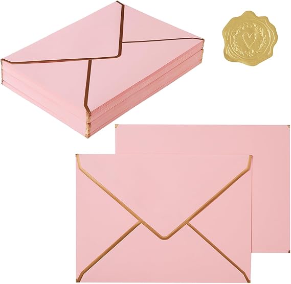 50 Pieces A7 Envelopes with Gold Stickers, Pink, 5.24 x 7.21 Inch