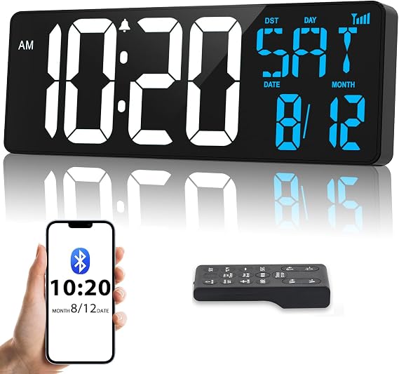 17" Large Digital Wall Clock, Bluetooth Auto Time Sync, Auto DST