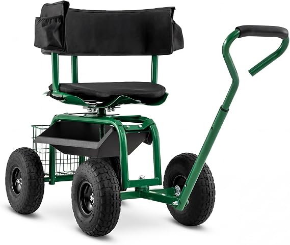 Goplus Garden Seat with Wheels, Rolling Gardening Stool with Adjustable 360 Swivel Seat, Tool Tray & Storage Basket, Extendable Handle, Outdoor Gardening Scooter, Garden Cart Workseat for Seniors