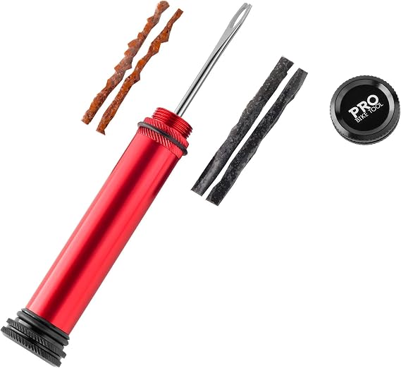 Tubeless Bike Tire Repair Kit Handlebar Insert - for MTB and Road Bicycle Tires Fix a Puncture or Flat, Fast Tackle Set Includes Storage Canister Plugger Tool & Plugs - 2 Bacon & 2 Black Strips