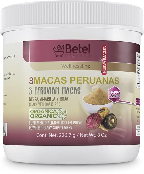 Betel Natural Organic 3 Peruvian Macas Powder Black, Yellow, and Red Maca from Peru - 8 Oz
