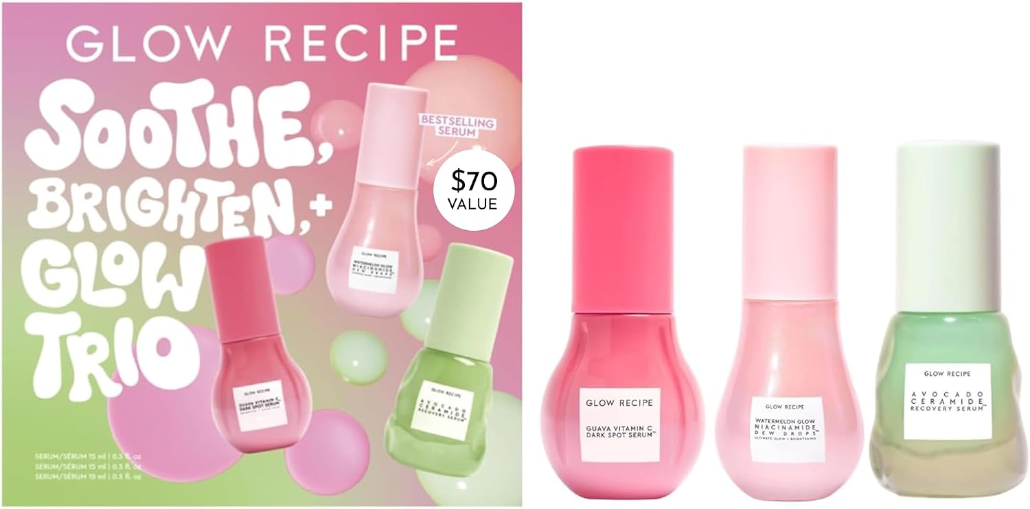 Glow Recipe Soothe, Glow & Bright Gift Set - Niacinamide Dew Drops Illuminating Primer & Avocado Ceramide Facial Serum & Guava Dark Spot Serum - Korean Skincare Travel Kit 3 Count
