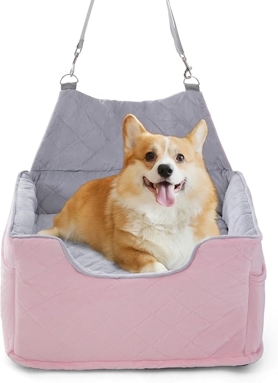 Jaoul Dog Booster Car Seat for Small/Medium Dogs - Memory Foam Elevated Cushion Car Seat - Fully Detachable and Washable Pet Portable Car Seat with 2 Clip-On Safety Leashes(Pink,6" H)