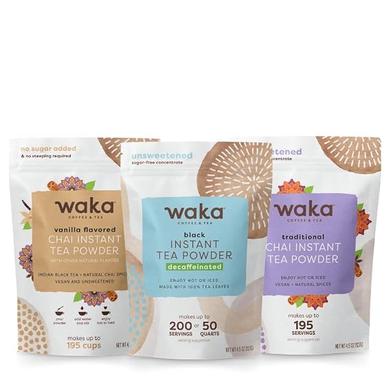 Waka Premium Instant Tea Bundle & Save No Sugar Added & Unsweetened Concentrated Tea Powder (Decaf Tea, Chai Traditional, Chai Vanilla)