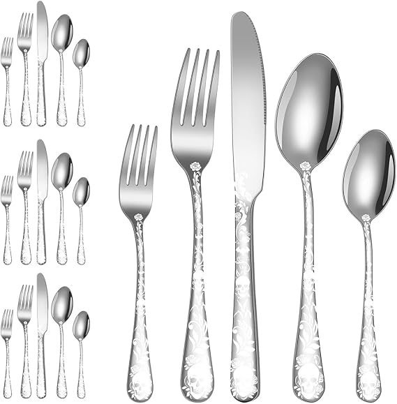 XIAOYU 20 Piece Halloween Skeleton Tableware Silverware Set, Metal Flatware Set Service for 4, Gothic Unique Skull Flower Pattern Design, Skeleton Utensil Cutlery Set for Halloween Easter Christmas