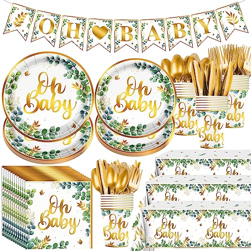 Sage Green Baby Shower Party Supplies Serve 24 Boho Greency Disposable Tableware Set-Paper Plate Cup Napkin Cutlery,Tablecloth,Banner for Neutral Green Baby Shower Birthday, Wedding Decor