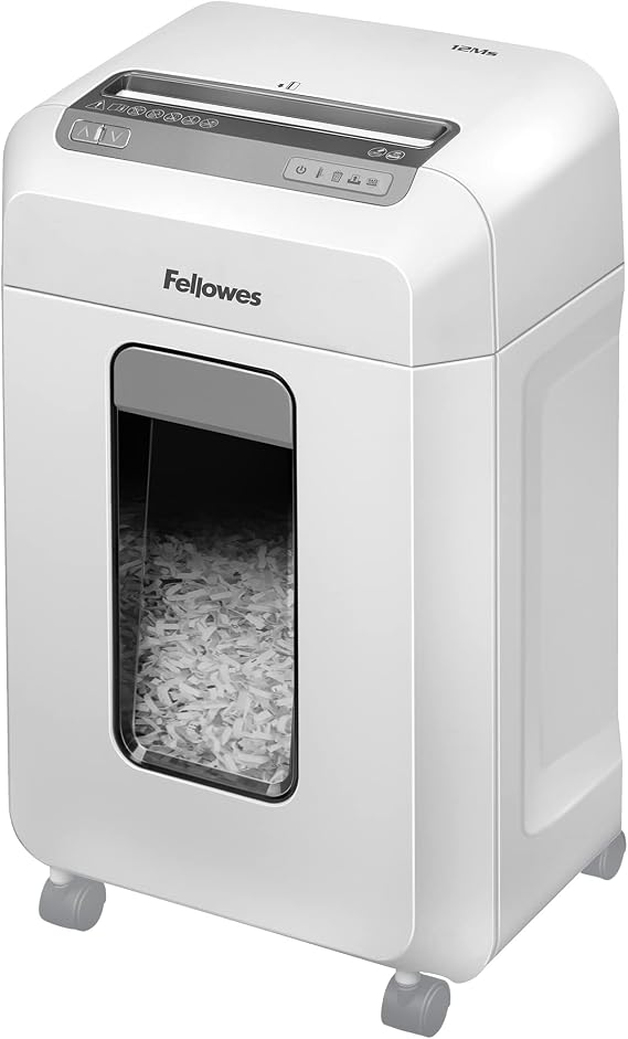 Fellowes 12 Sheet Paper Shredder for Office - Mini Cut Shredder with Auto Reverse & SafeSense Technology - Powershred 12Ms Office Shredder with 23L Pull-Out Bin - DIN Level P4 -